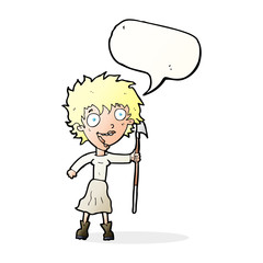 cartoon crazy woman with spear with speech bubble