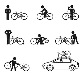Bicycle man exercise story icon set illustration pictogram black and white color isolated on white background
