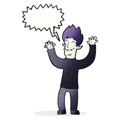cartoon happy vampire man with speech bubble