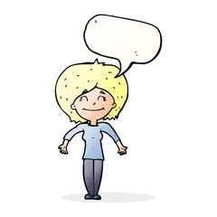cartoon woman shrugging shoulders with speech bubble