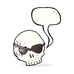 cartoon skull with eye patch with speech bubble