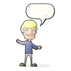 cartoon grinning man with speech bubble