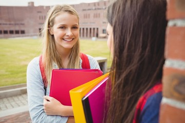 Smiling students talking outdoor 