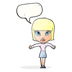 cartoon woman shrugging with speech bubble