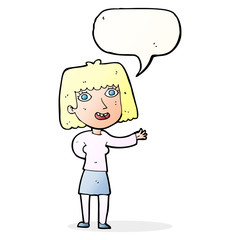 cartoon friendly woman waving with speech bubble