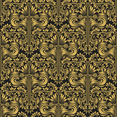 Damask seamless pattern repeating background. Golden black floral ornament in baroque style.