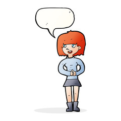 cartoon friendly woman with speech bubble