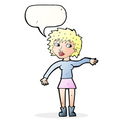 cartoon friendly woman waving with speech bubble