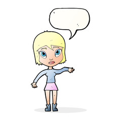 cartoon woman waving hand with speech bubble