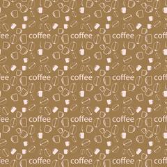 Seamless background with coffee beans and cups. Vector illustration.