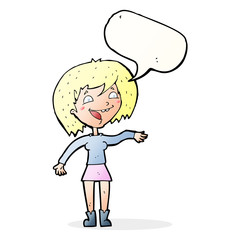 cartoon waving woman with speech bubble