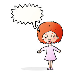 cartoon woman in dress with speech bubble