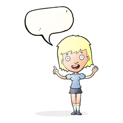 cartoon woman pointing with speech bubble