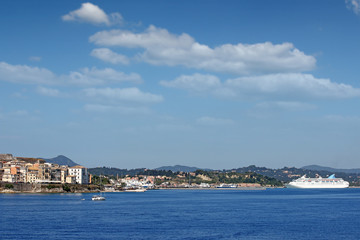 Corfu town port with cruiser ship