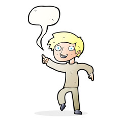cartoon happy boy pointing with speech bubble