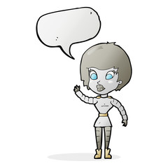 cartoon robot woman waving with speech bubble