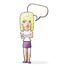 cartoon woman standing with speech bubble