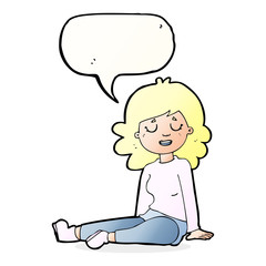 cartoon happy woman sitting on floor with speech bubble