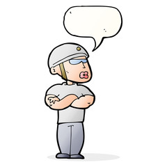 cartoon security guard with speech bubble