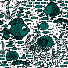 Blue hand drawn fishes. Wallpaper textile pattern.