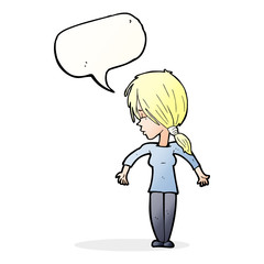 cartoon woman shrugging shoulders with speech bubble