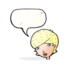 cartoon friendly woman with speech bubble