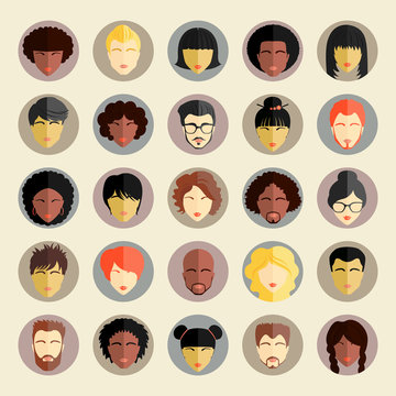 Set of different nationality people icons in flat style