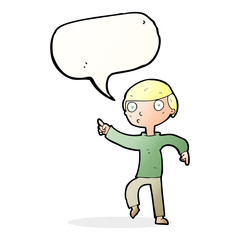 cartoon boy pointing with speech bubble