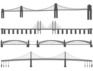 Horizontal black silhouettes of different bridges. - obrazy, fototapety, plakaty