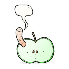 cartoon apple with worm with speech bubble