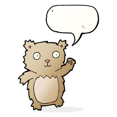 cartoon waving teddy bear with speech bubble