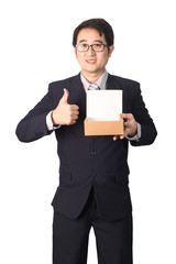 Asian businessman giving and carrying parcel, cardboard box, giv