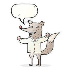 cartoon happy wolf wearing shirt with speech bubble