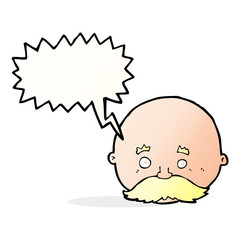 cartoon bald man with mustache with speech bubble