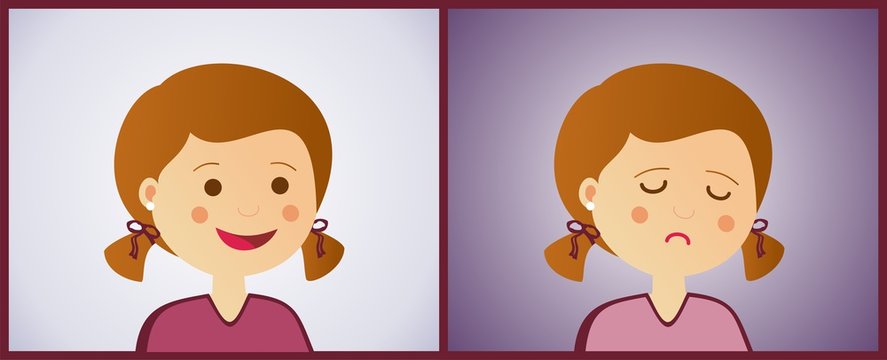 Conjunto de ni&ntilde;as con gesto de alegr&iacute;a y tristeza. Ilustraci&oacute;n vectorial