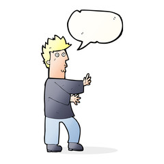 cartoon nervous man waving with speech bubble