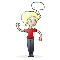 cartoon woman waving with speech bubble