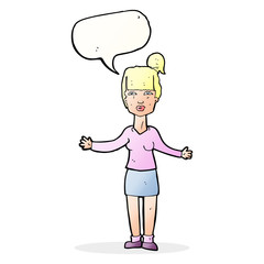 cartoon woman shrugging shoulders with speech bubble
