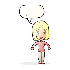cartoon woman shrugging shoulders with speech bubble