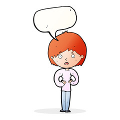 cartoon woman making Who Me? gesture with speech bubble