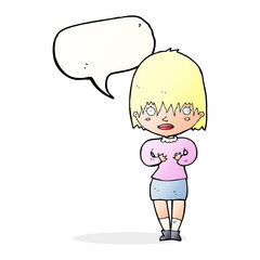 cartoon woman making Who Me? gesture with speech bubble