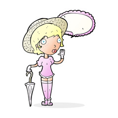 cartoon woman in summer hat waving with speech bubble