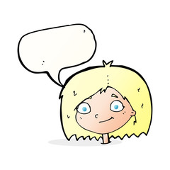 cartoon happy female face with speech bubble
