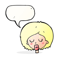 cartoon woman with eyes closed with speech bubble