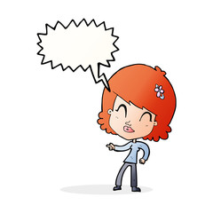 cartoon happy woman pointing with speech bubble
