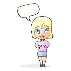 cartoon woman gesturing at self with speech bubble