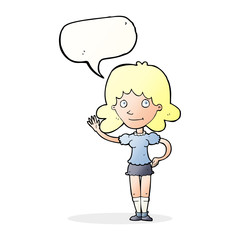 cartoon woman waving with speech bubble
