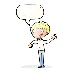 cartoon happy boy waving with speech bubble