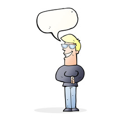 cartoon grinning man with glasses with speech bubble