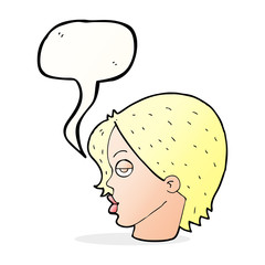 cartoon woman raising eyebrow with speech bubble
